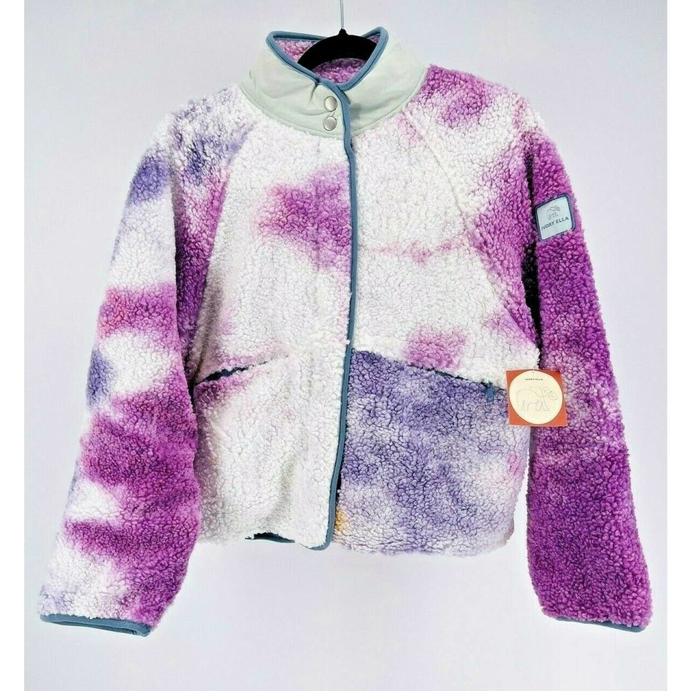 Ivory Ella Teddy Bear Fleece Jacket Purple White Ice Dye Snap Front Medium